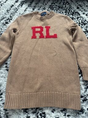 Polo by Ralph Lauren Tan Knit Sweater Dress with Red RL Logo